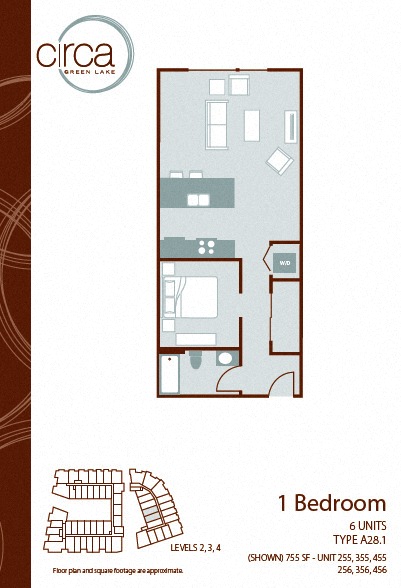 Floor plan layout diagram for 1 Bedroom 1 Bath - A28.1
